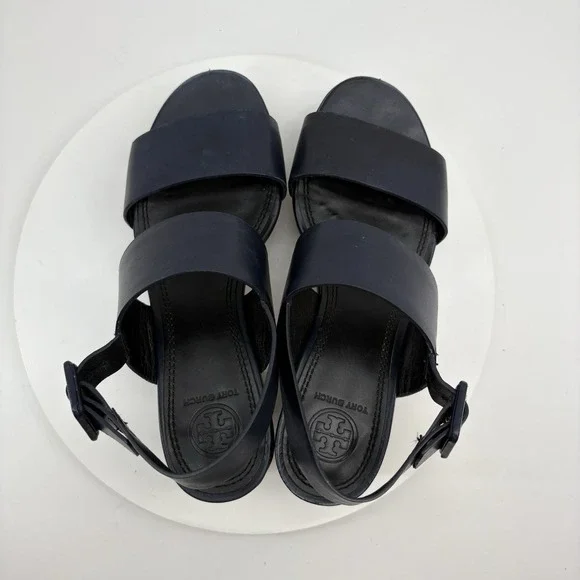 Tory Burch Solana Platform Sandals‎ Women's Size 5.5 Navy Blue Leather Strap - Picture 13 of 16